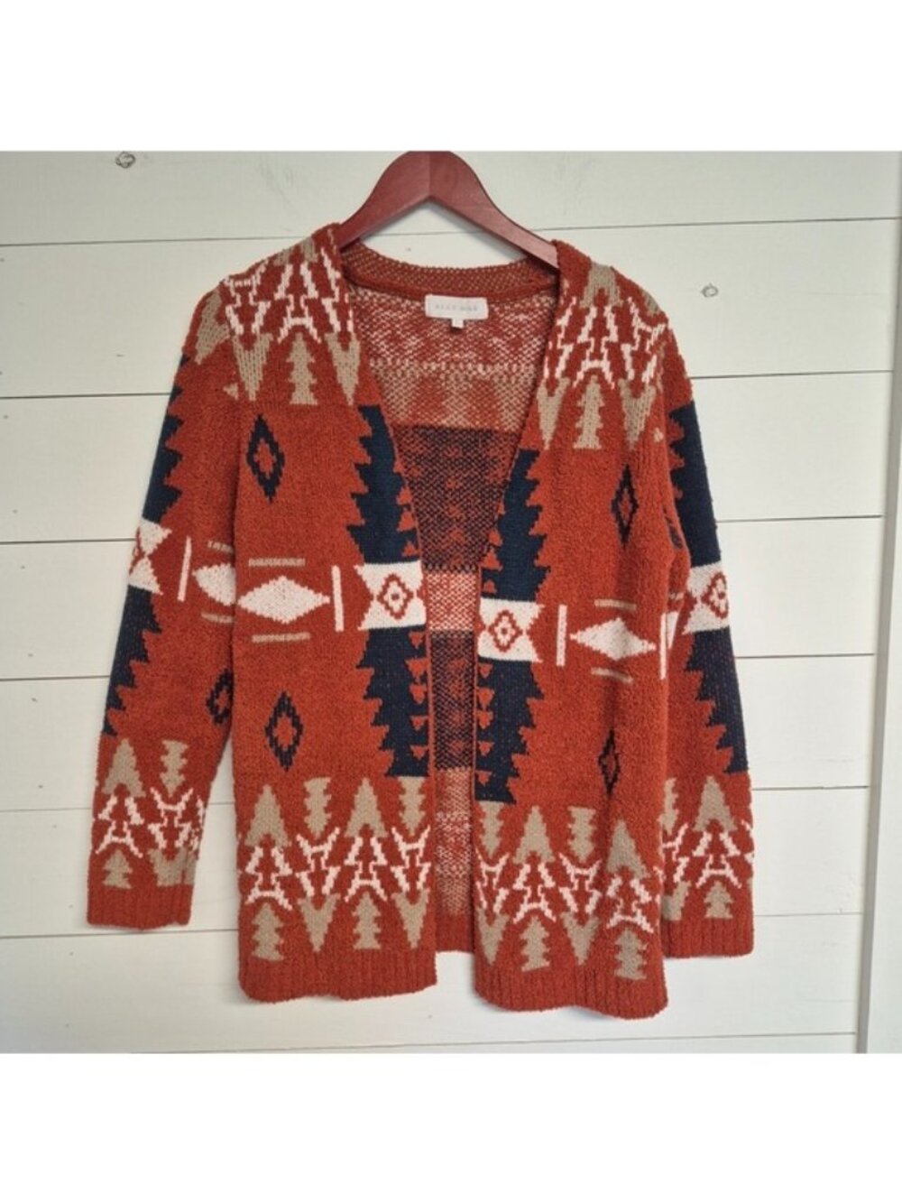 Ally Mae Womens Open Front Tribal Pattern Cardigan Sweater Medium Rust